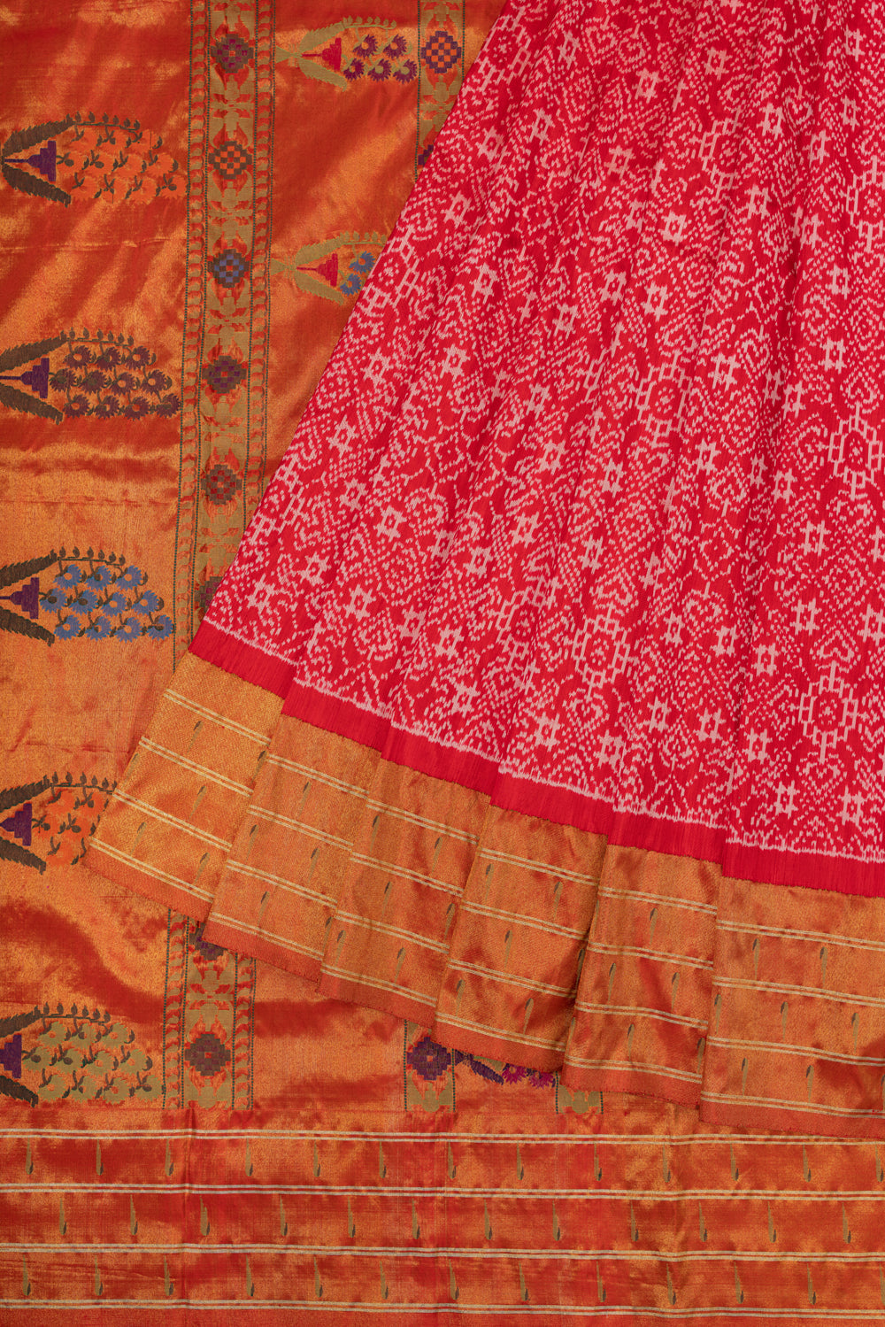 Pochampally Silk Ikat Red Saree With Paithani Inspired Border