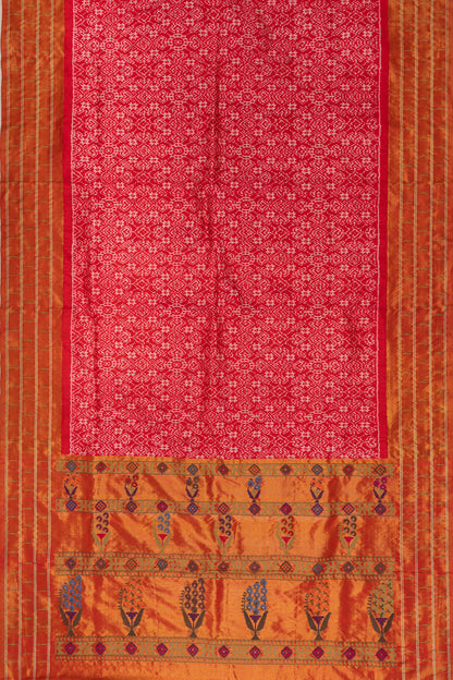 Pochampally Silk Ikat Red Saree With Paithani Inspired Border