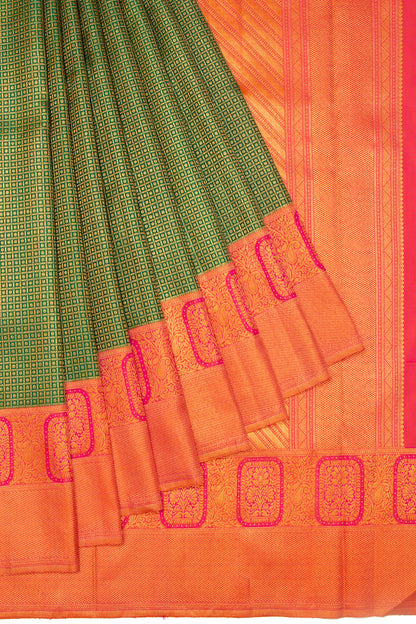 Kanchipuram Silk Checks And Butta Green Saree