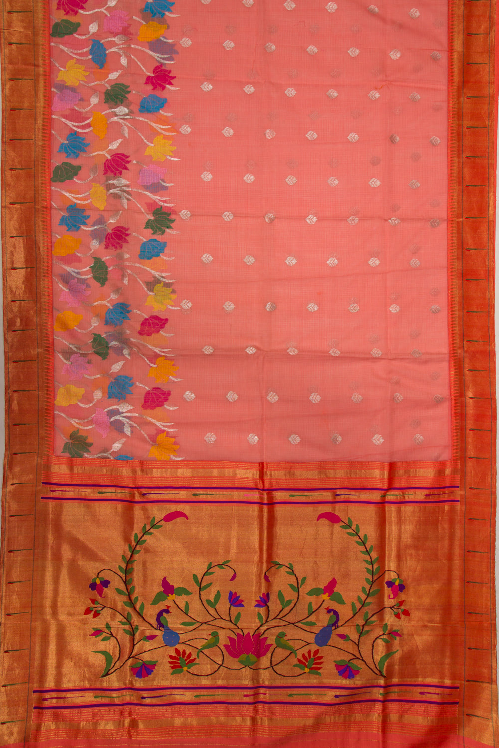 Kota Silk Jamdani Butta Peach Saree With Attached Paithani Border