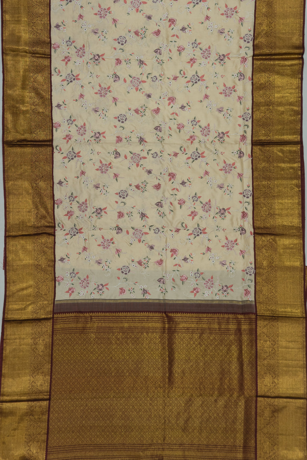 Kanchipuram Silk Hand Embroidery Cream Saree