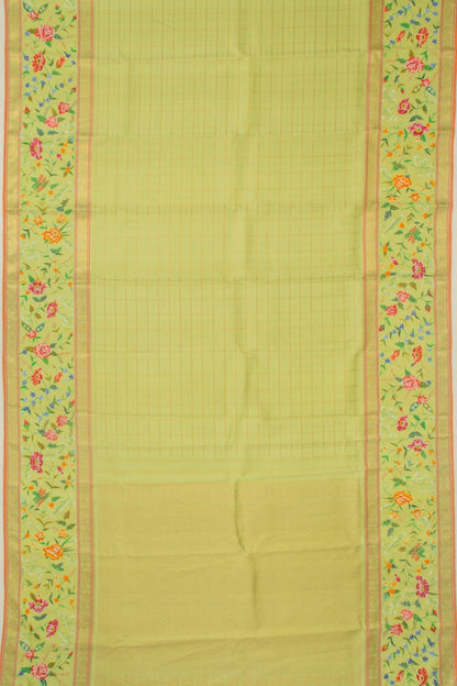 Petit Point Kanchipuram Silk Checks Embroidery Pista Green saree