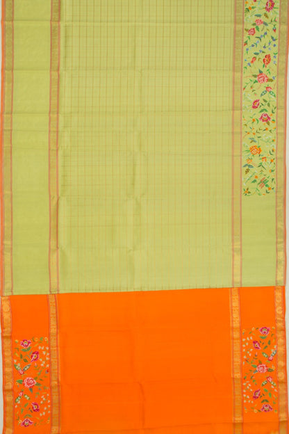 Petit Point Kanchipuram Silk Checks Embroidery Pista Green saree