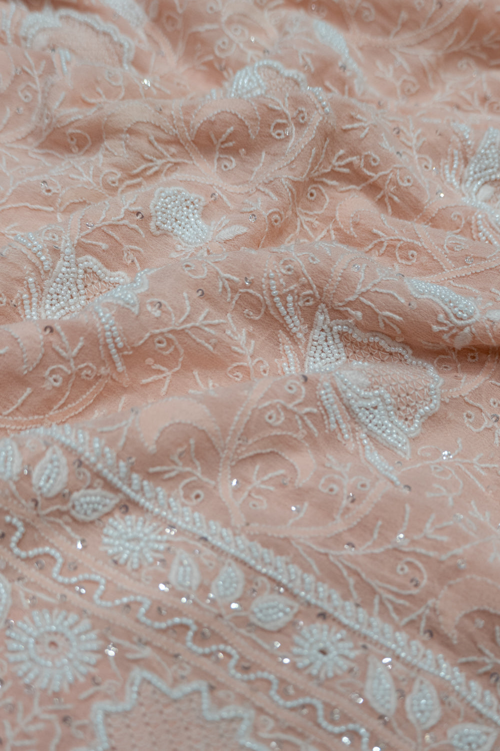 Lucknow Chikankari Georgette Embroidery Peach Saree