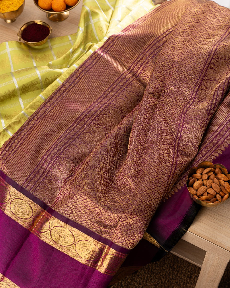 Kanchipuram Silk Checks And Butta Green Saree