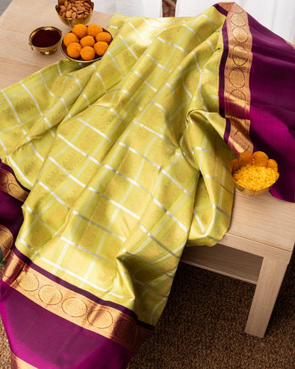 Kanchipuram Silk Checks And Butta Green Saree