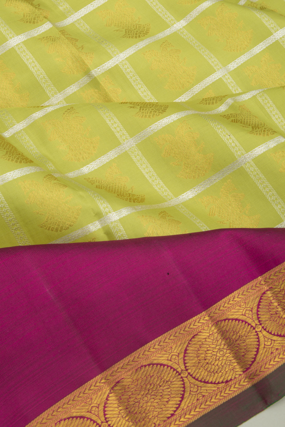 Kanchipuram Silk Checks And Butta Green Saree