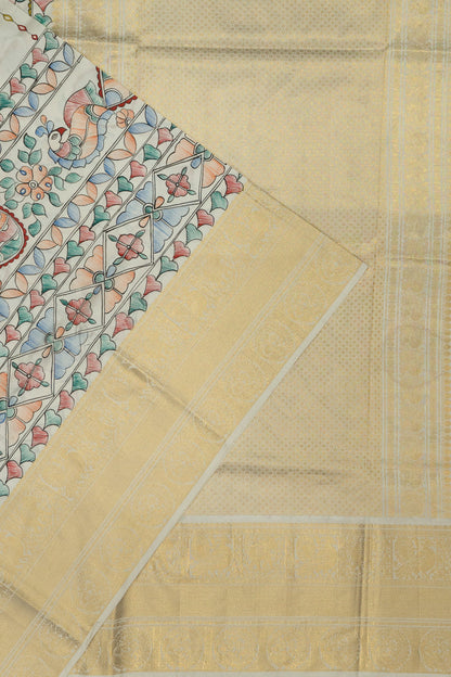 Kanchipuram Silk Madhubani Printed Off White Saree