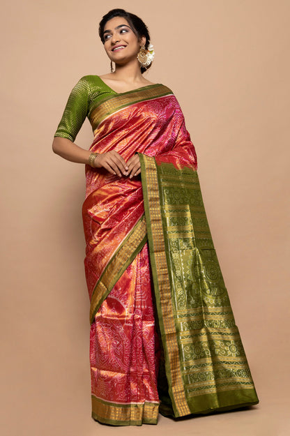 Sambalpuri Silk Ikat Dual Tone Pink And Orange Saree