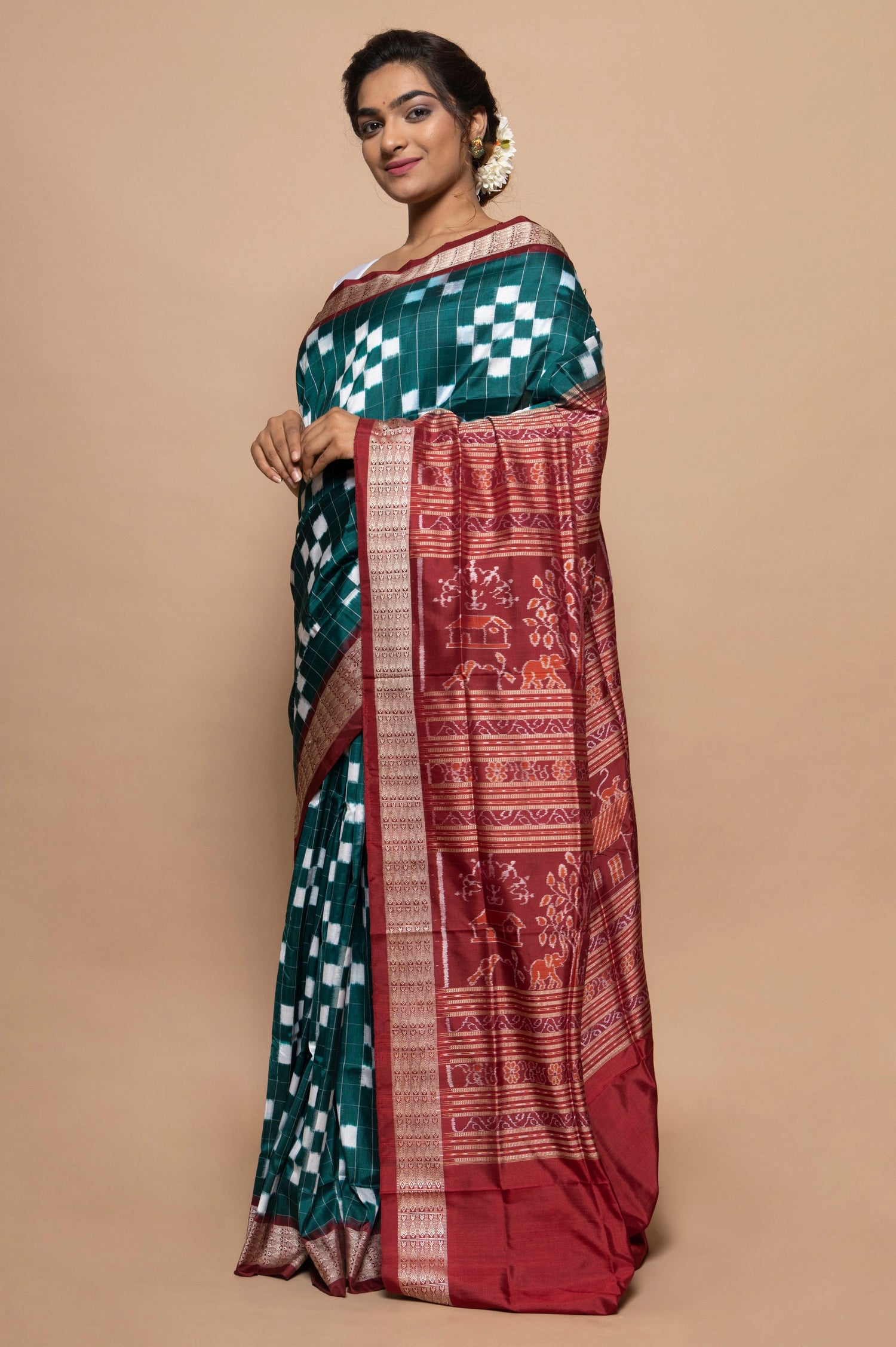 Sambalpuri Silk Ikat Teal Green Saree