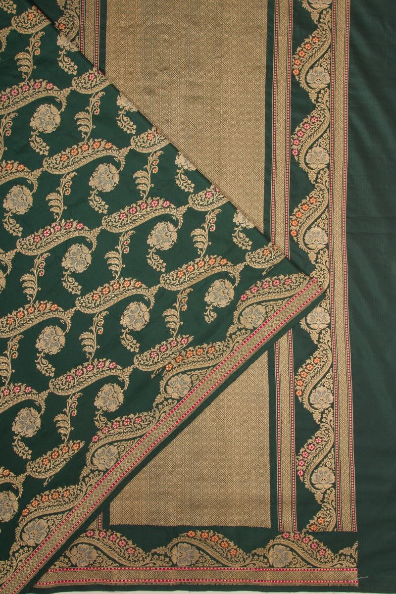 Banarasi Silk Jangla Bottle Green Saree with Meenakari