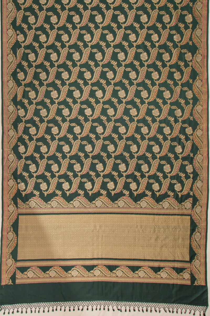 Banarasi Silk Jangla Bottle Green Saree with Meenakari