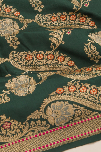 Banarasi Silk Jangla Bottle Green Saree with Meenakari