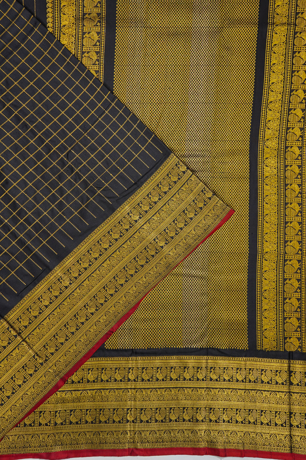 Kanchipuram Silk Twill Checks Black Saree