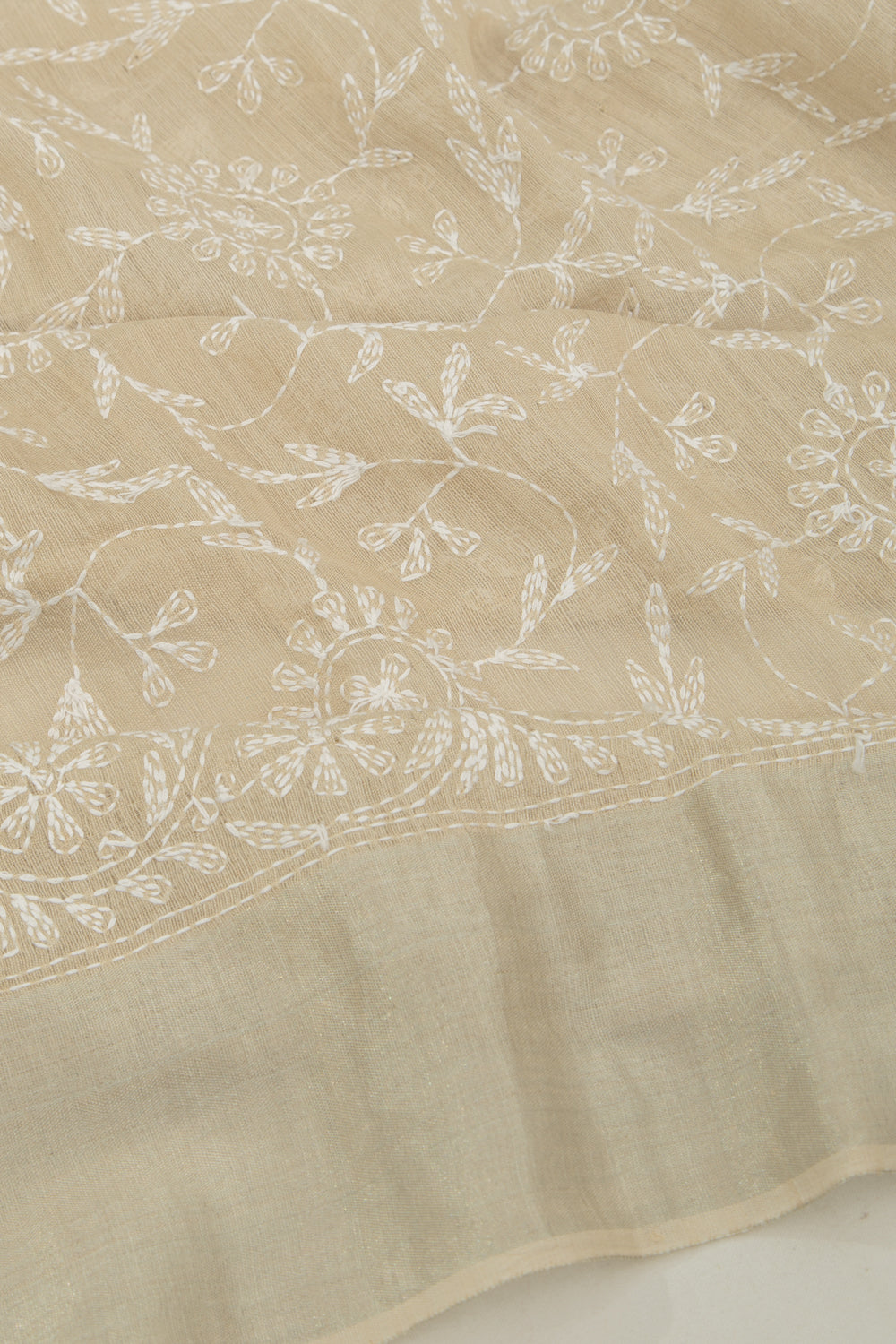 Tussar Tissue Kantha Work Beige Saree