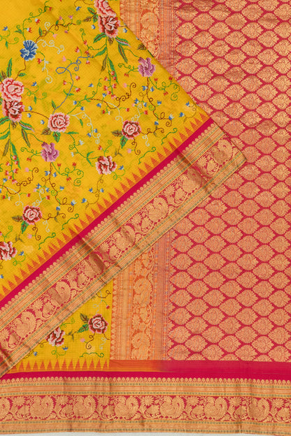 Kota Silk Embroidery Jaal Yellow Saree With Kanchi Border