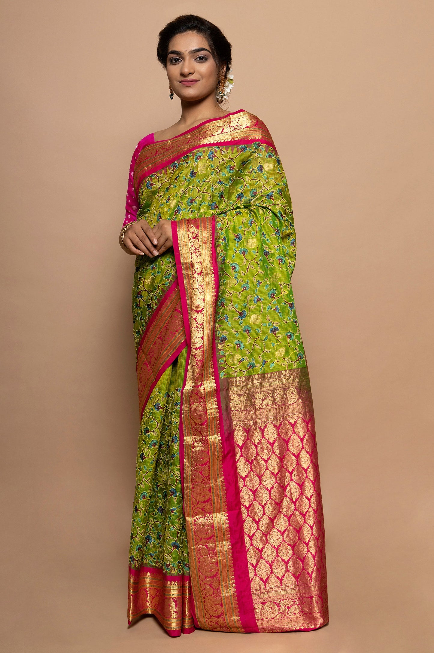 Kota Silk Floral Printed And Embroidery Green Saree