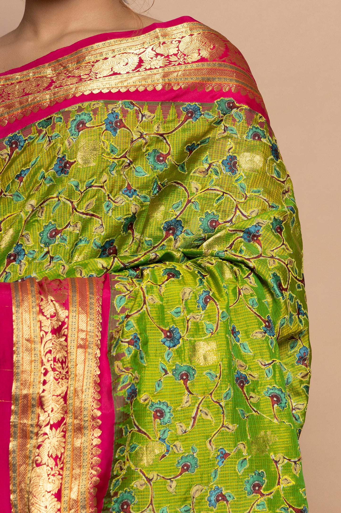 Kota Silk Floral Printed And Embroidery Green Saree