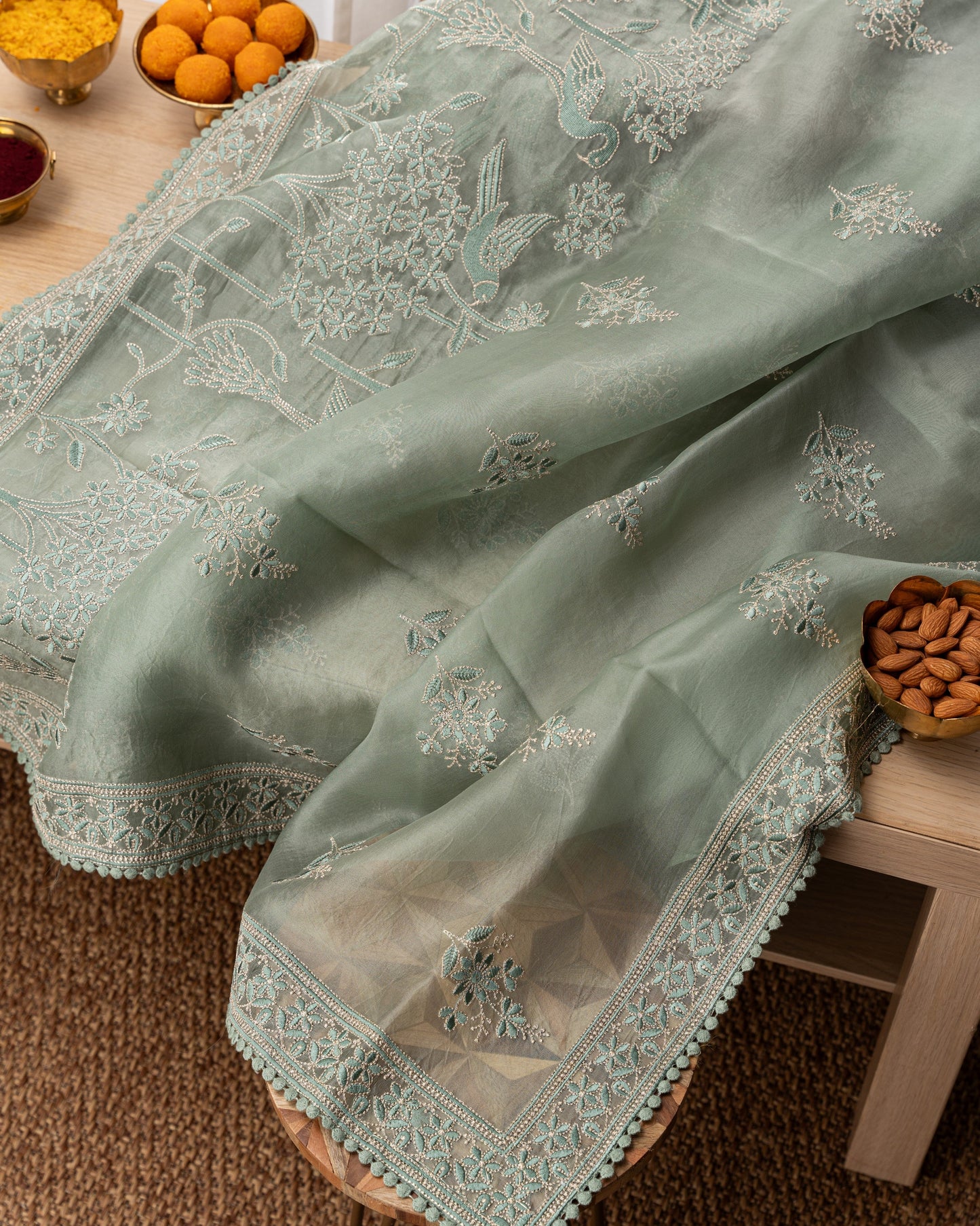 Organza Floral Embroidery Saga Green  Saree