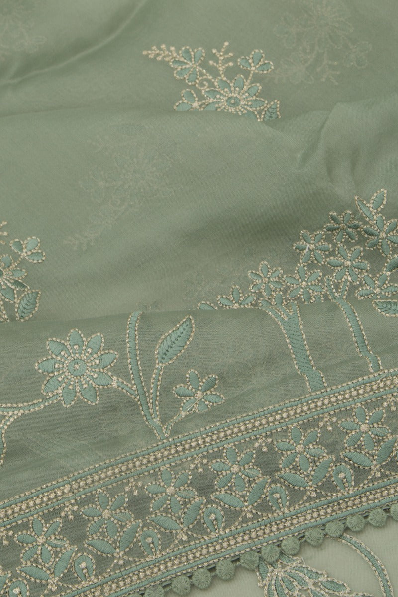 Organza Floral Embroidery Saga Green  Saree