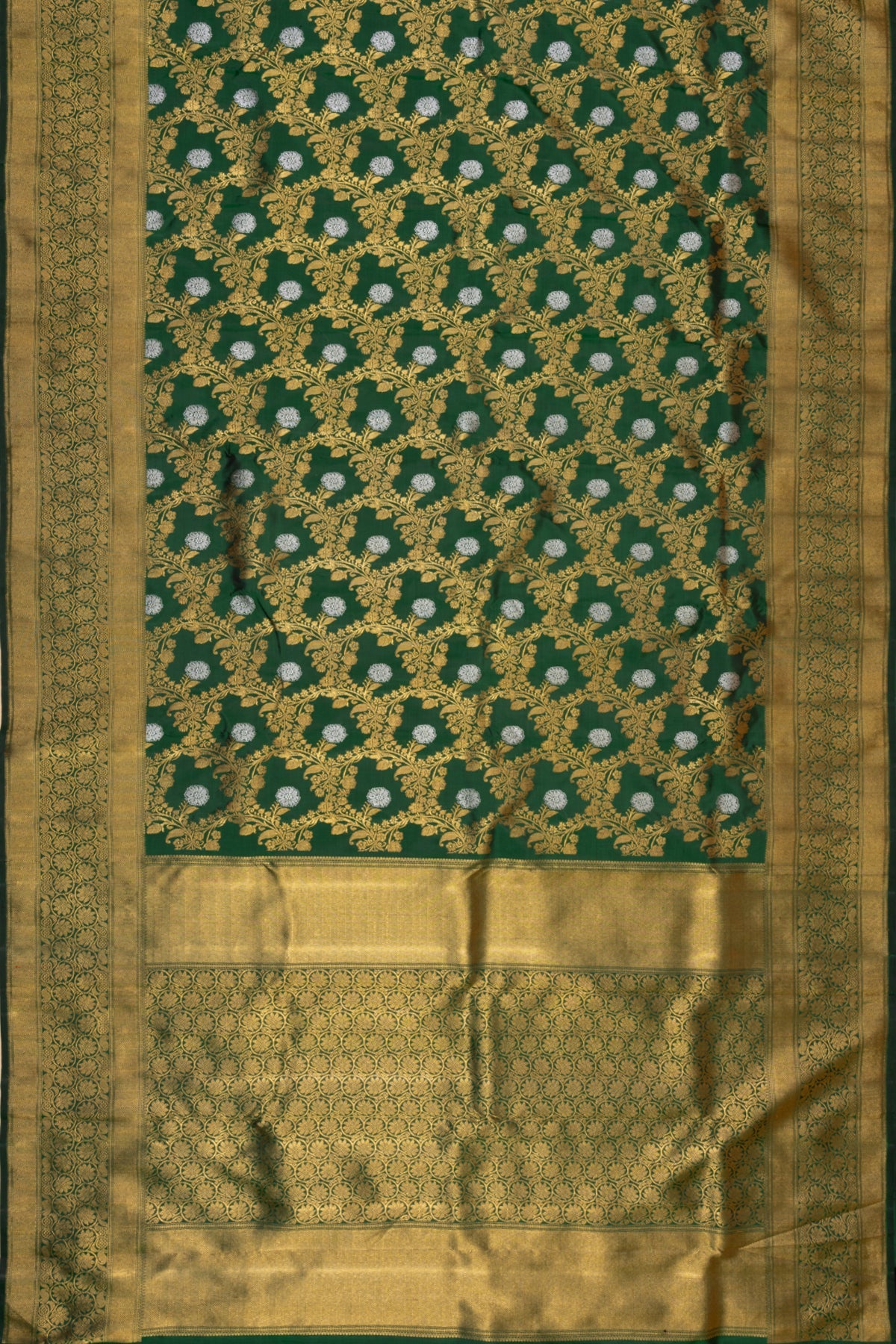 Pure Zari Kanchipuram Silk Jaal Bottle Green Saree