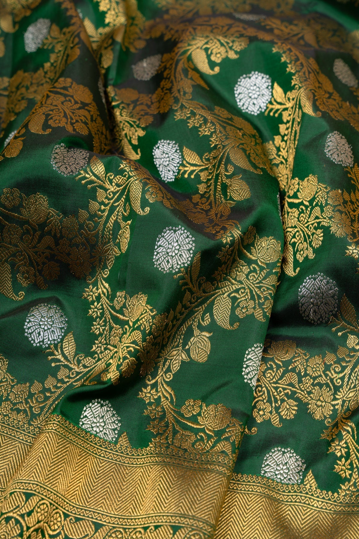 Pure Zari Kanchipuram Silk Jaal Bottle Green Saree