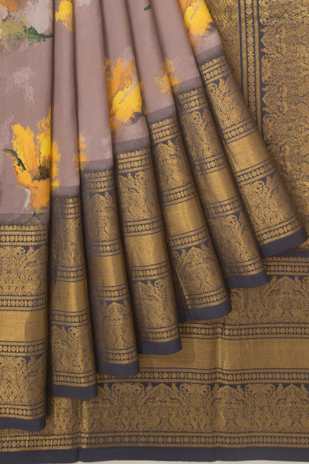 Kanchipuram Silk Floral Printed Snuff Saree With Ikat Blouse