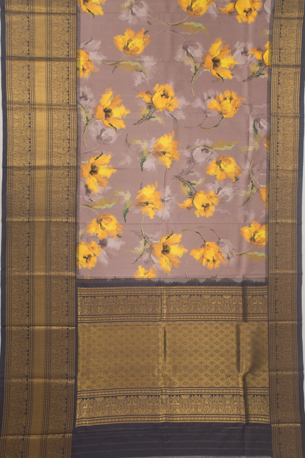 Kanchipuram Silk Floral Printed Snuff Saree With Ikat Blouse