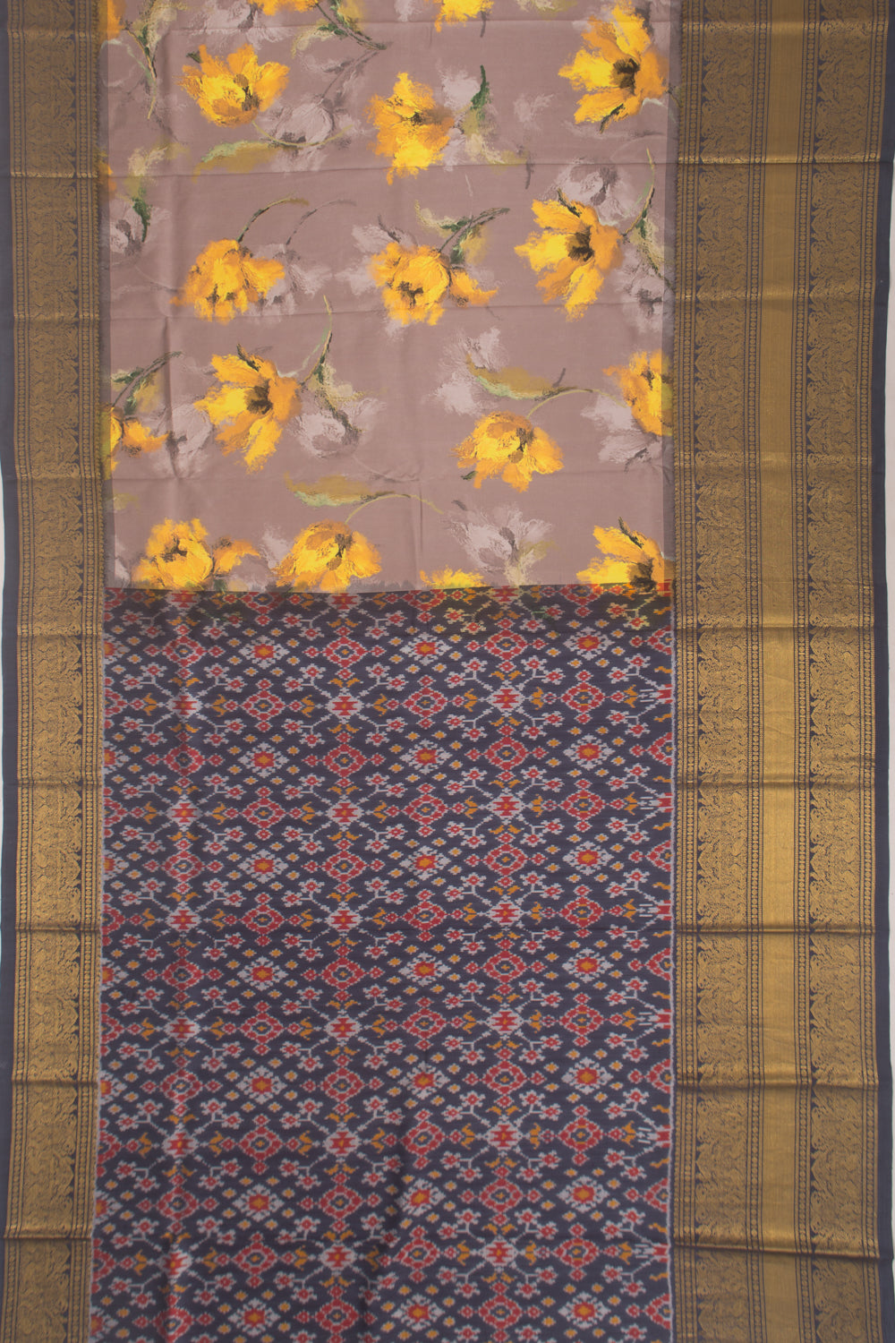 Kanchipuram Silk Floral Printed Snuff Saree With Ikat Blouse