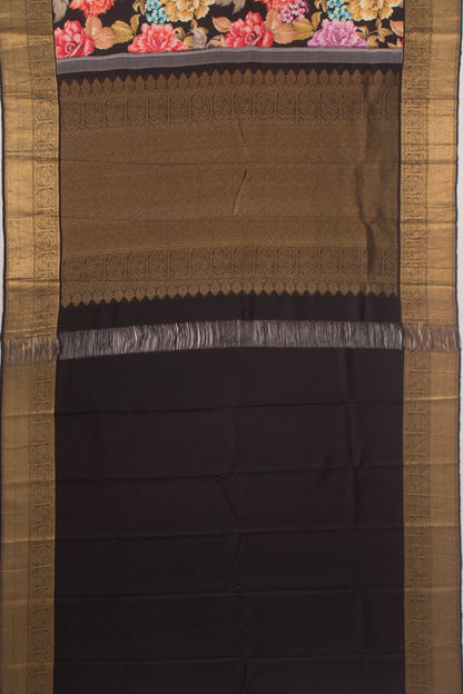 Kanchipuram Silk Floral Printed Black Saree