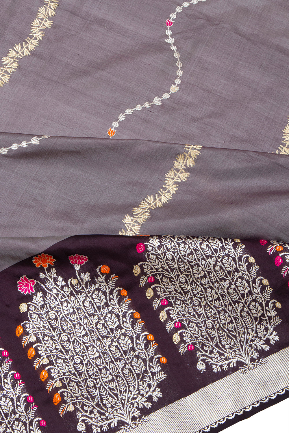 Banarasi Silk Half-n-Half Brown And Grey Saree