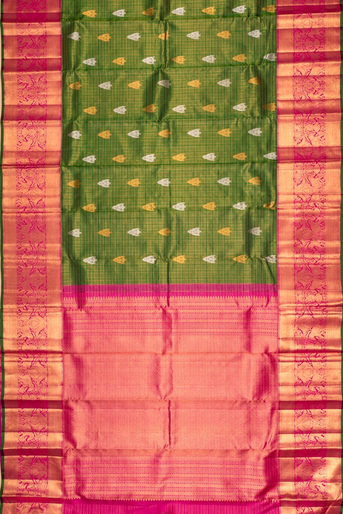 Kanchipuram Silk Checks And Butta Dark Green Saree