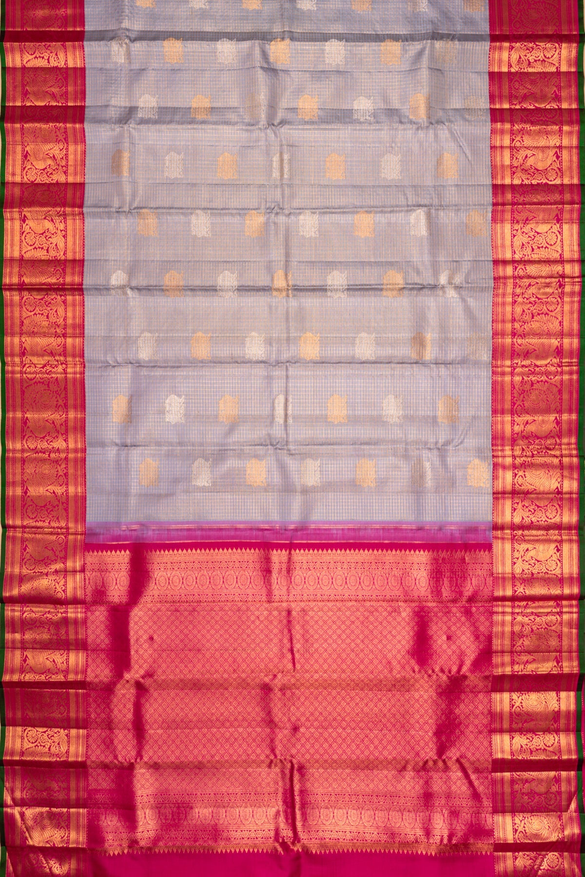 Kanchipuram Silk Checks And Butta Grey Saree