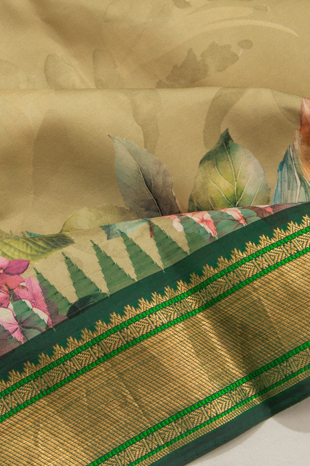 Kanchipuram Silk Floral Printed Cream Saree