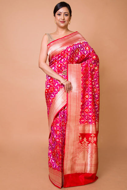 Banarasi Silk Jaal And Butta Pink And Red Saree