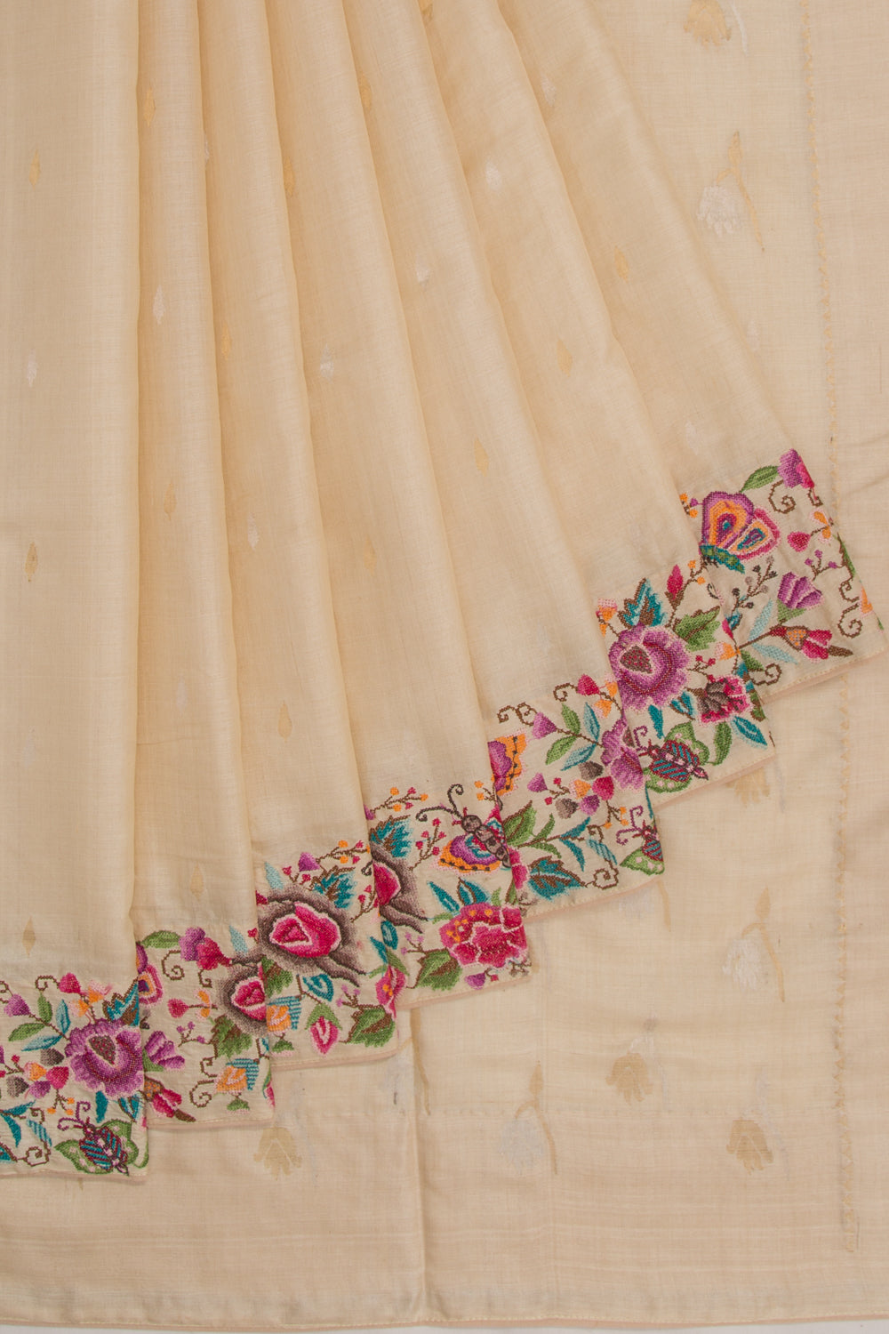 Tussar Butta Beige Saree With Multicolour Floral Embroidery Border