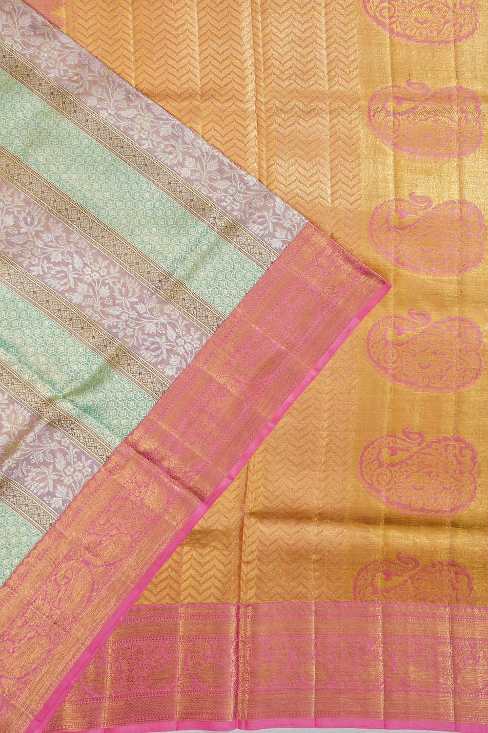 Kanchipuram Silk Tissue Brocade Sea Green And Lavender Saree