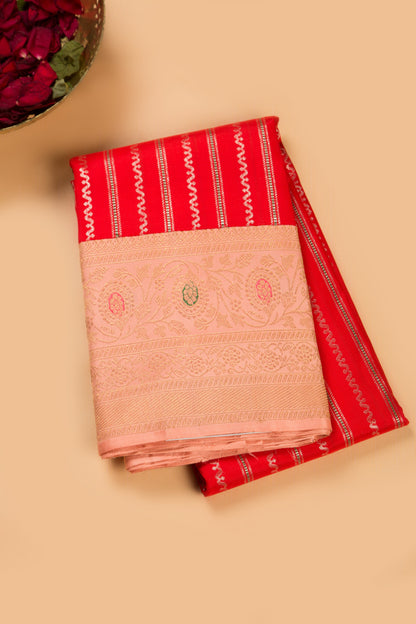 Kanchipuram Silk Vertical Lines Red Saree