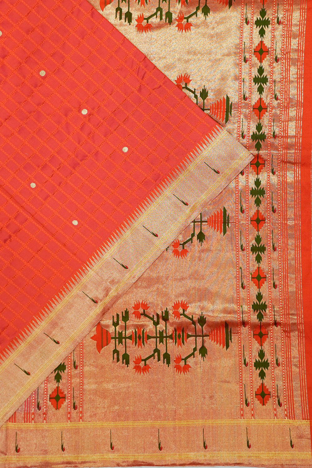 Paithani Silk Checks And Butta Orange Saree With Single Muniya Border