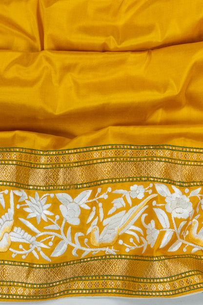 Parsi Gara Banarasi Silk Plain Yellow Saree