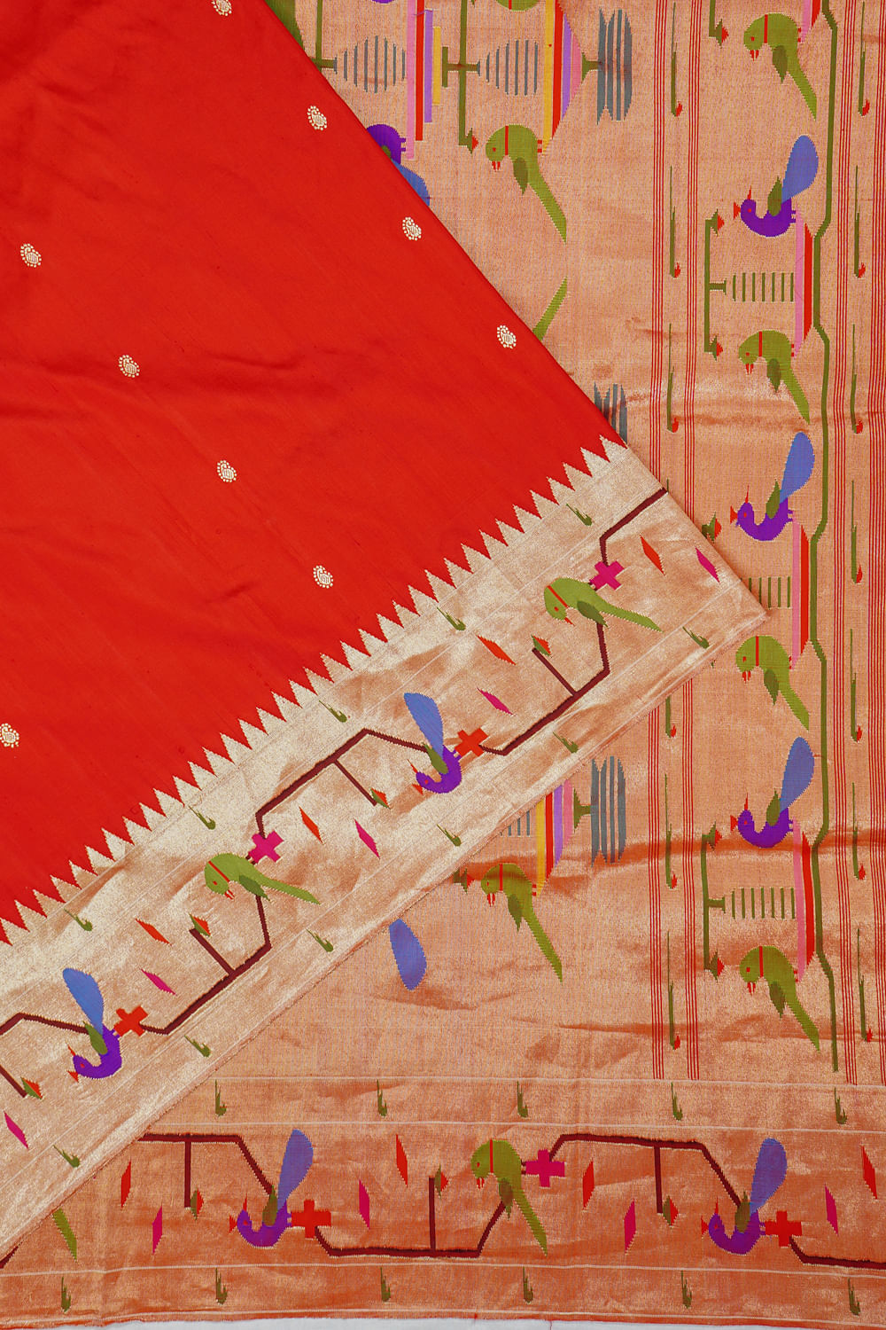 Paithani Silk Butta Red Saree With Akruthi Border