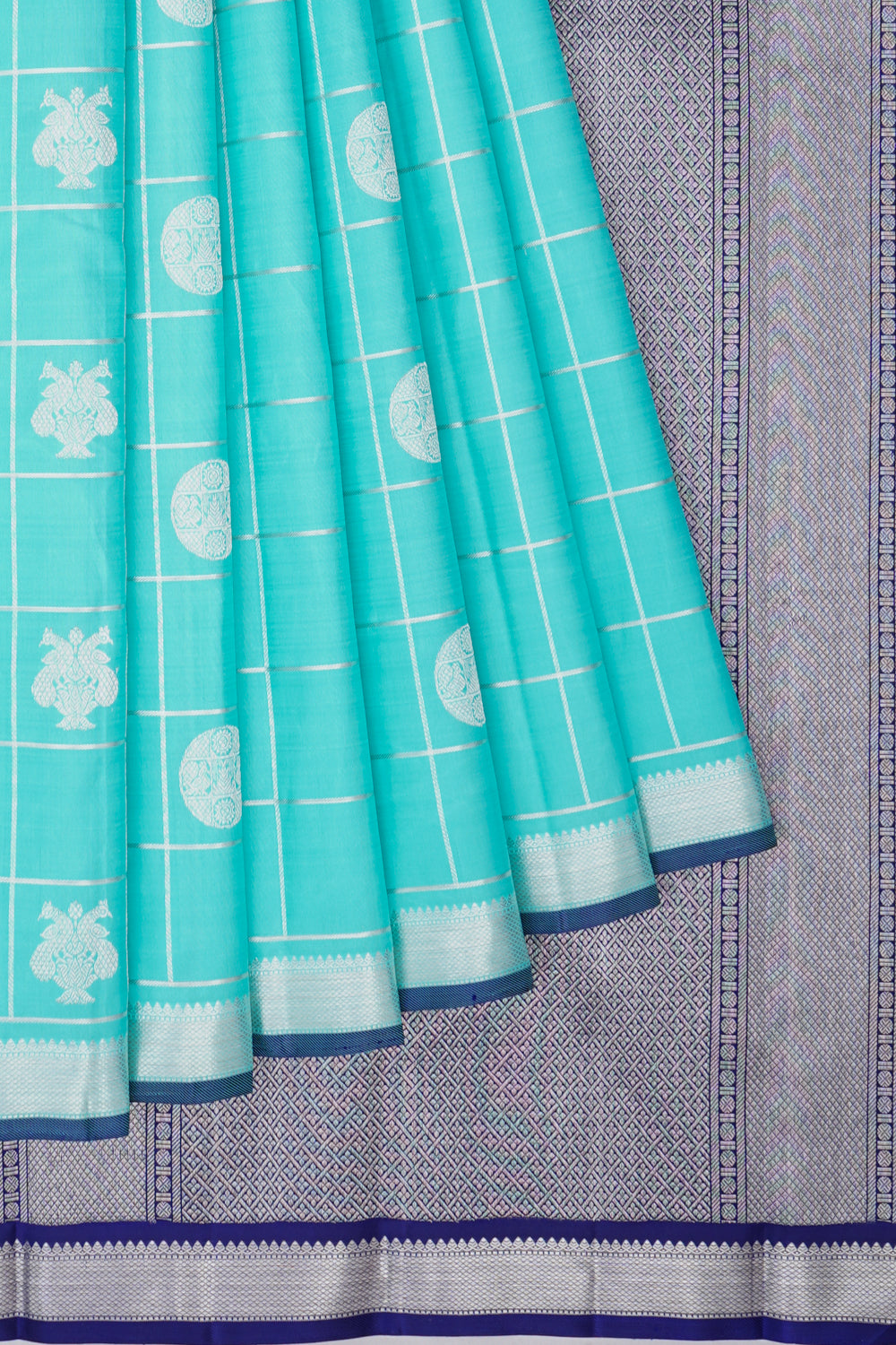 Kanchipuram Silk Checks And Butta Sky Blue Saree