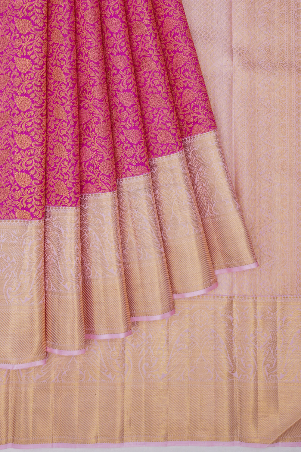 Kanchipuram Silk Floral Brocade Pink Saree With Pastel Border