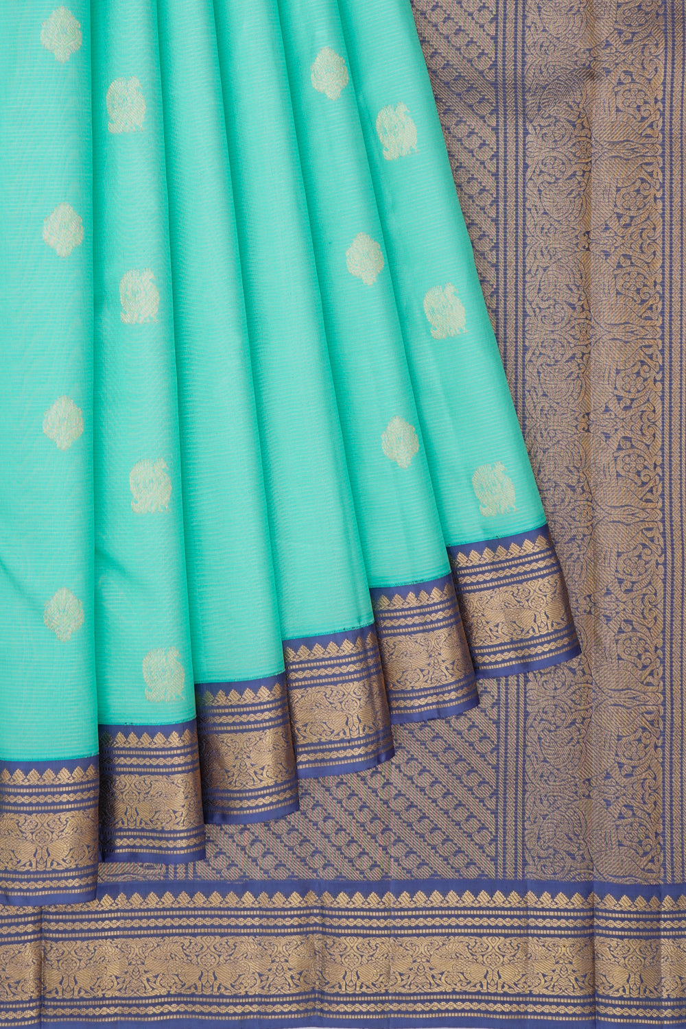 Kanchipuram Silk Horizontal Lines And Butta Sea Green Saree