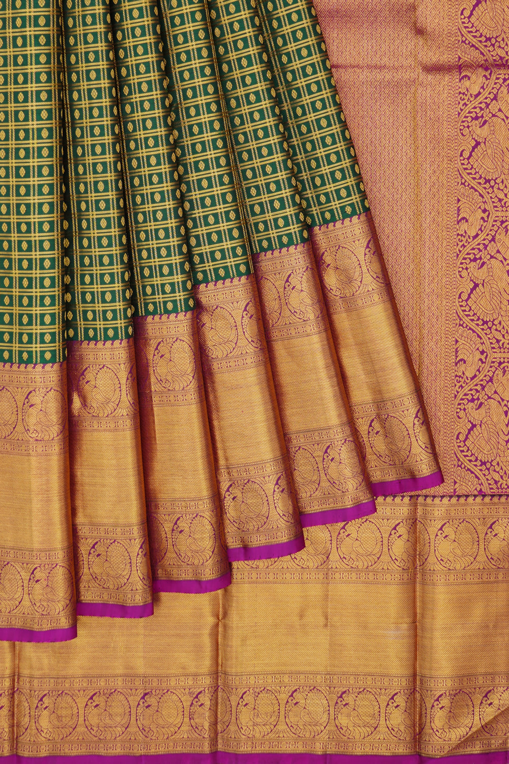 Kanchipuram Silk Checks And Butta Bottle Green Saree