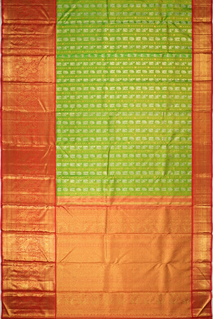 Kanchipuram Silk Tissue Vertical Lines And Butta Parrot Green Saree