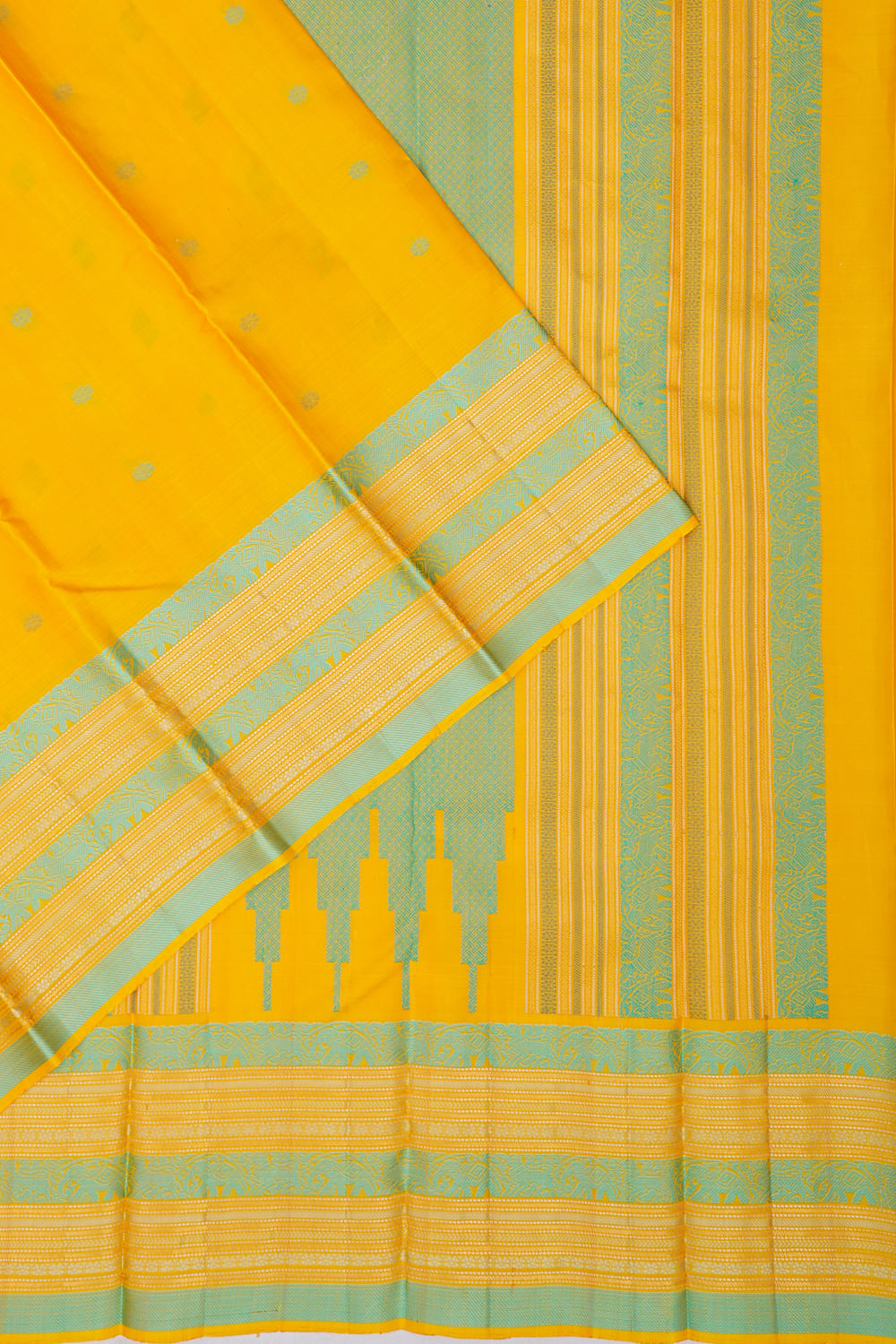 Kanchipuram Silk Butta Yellow Saree With Resham Border And Pallu