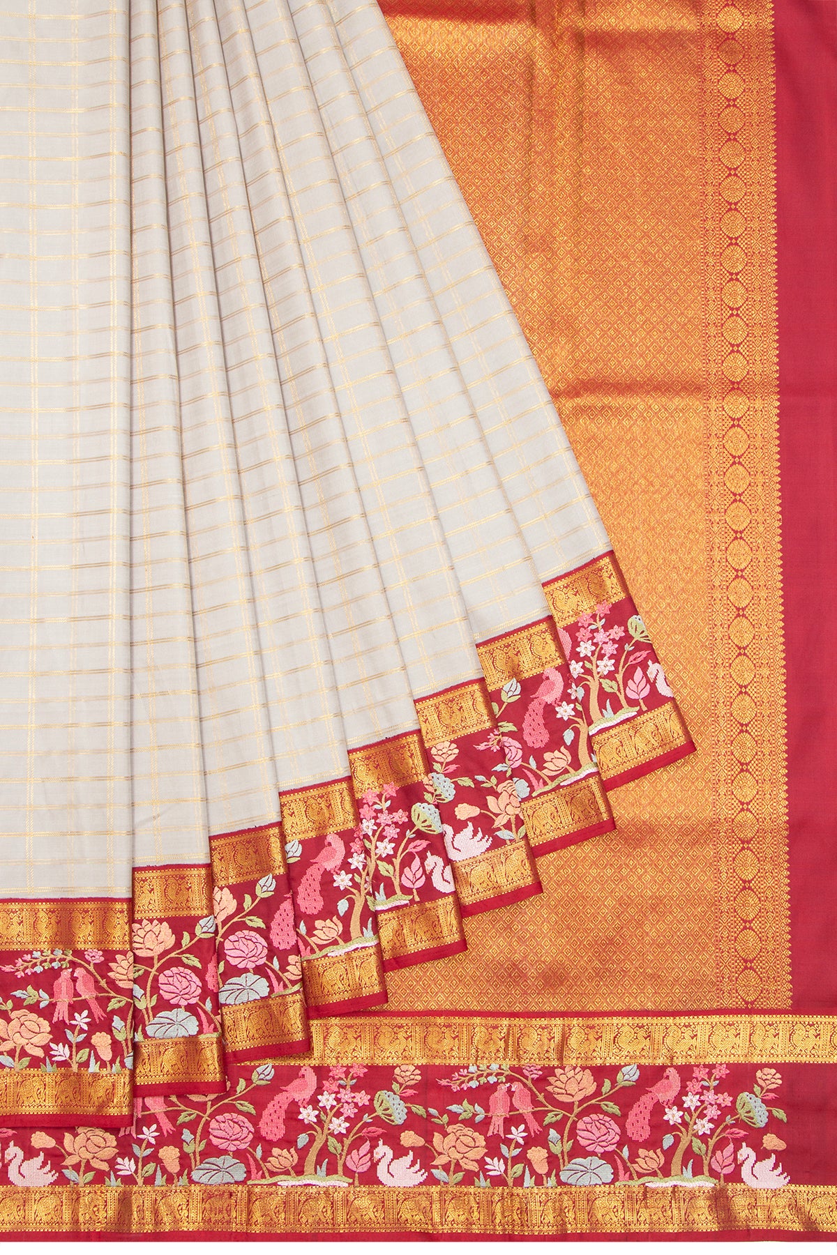 Kanchipuram Silk Checks Pastel Grey Saree With Embroidery Border