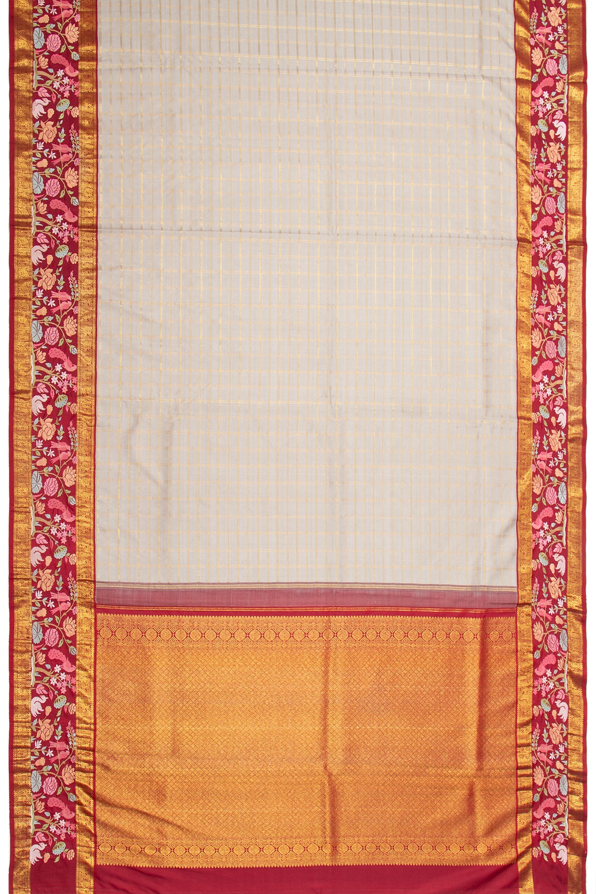 Kanchipuram Silk Checks Pastel Grey Saree With Embroidery Border