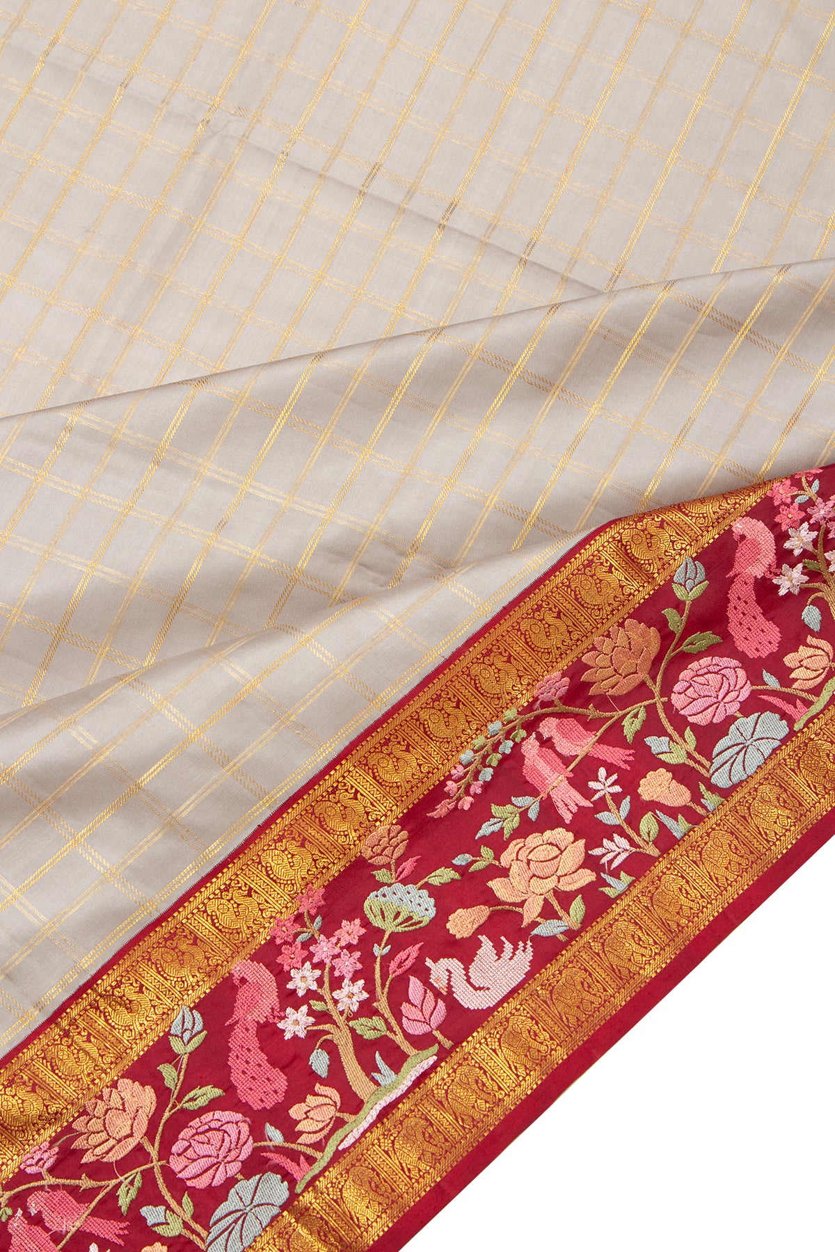 Kanchipuram Silk Checks Pastel Grey Saree With Embroidery Border